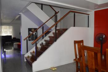 Glass Modern Stair Railing in Wrought Iron Frame